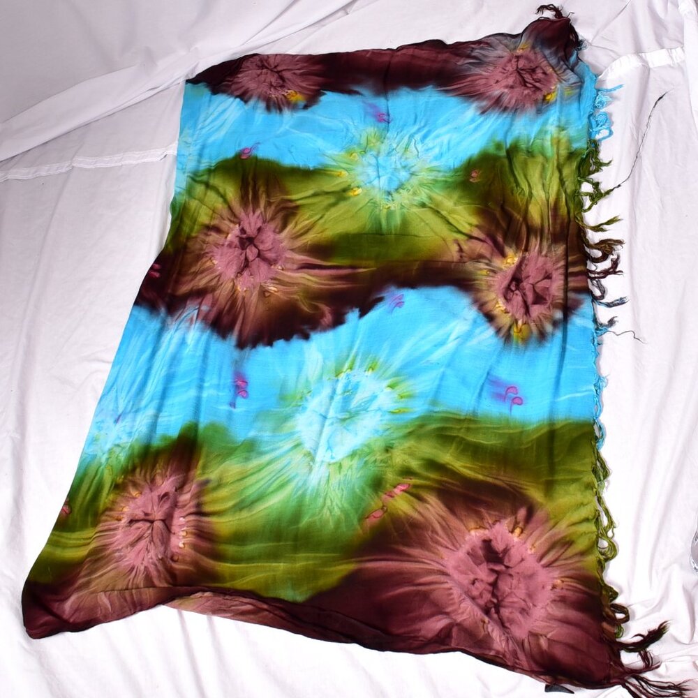 I G Sport Women's Rayon Tie Dye Blue Brown & Green Wrap Scarf Swim Cover Up